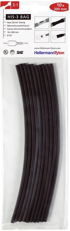 Set tuburi termocontractabile 3:1, 3 mm, negru, 10 buc., HellermannTyton HIS-3-BAG-3/1 Super ofertă