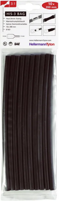 Set tuburi termocontractabile 3:1, 6 mm, negru, 10 buc., HellermannTyton HIS-3-BAG-6/2-BK Preferatul clienților