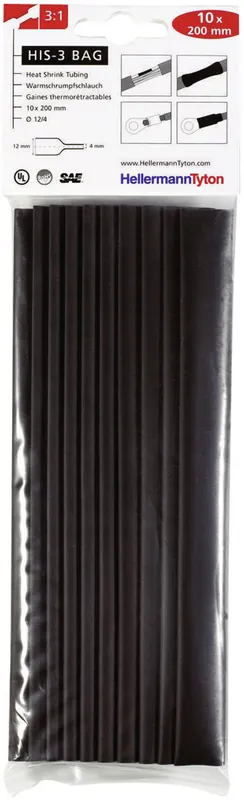 Set tuburi termocontractabile 3:1, 12 mm, negru, 10 buc., HellermannTyton HIS-3-BAG-12/4 Popular