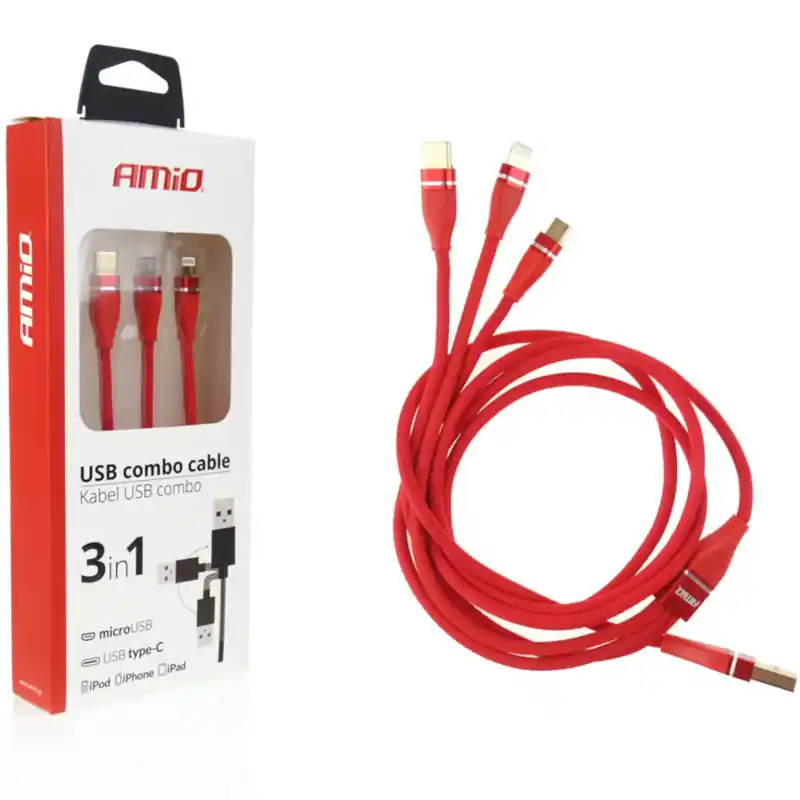 Cablu USB 3în1 1,2 m Lightning USB-C micro USB Amio Ofertă specială