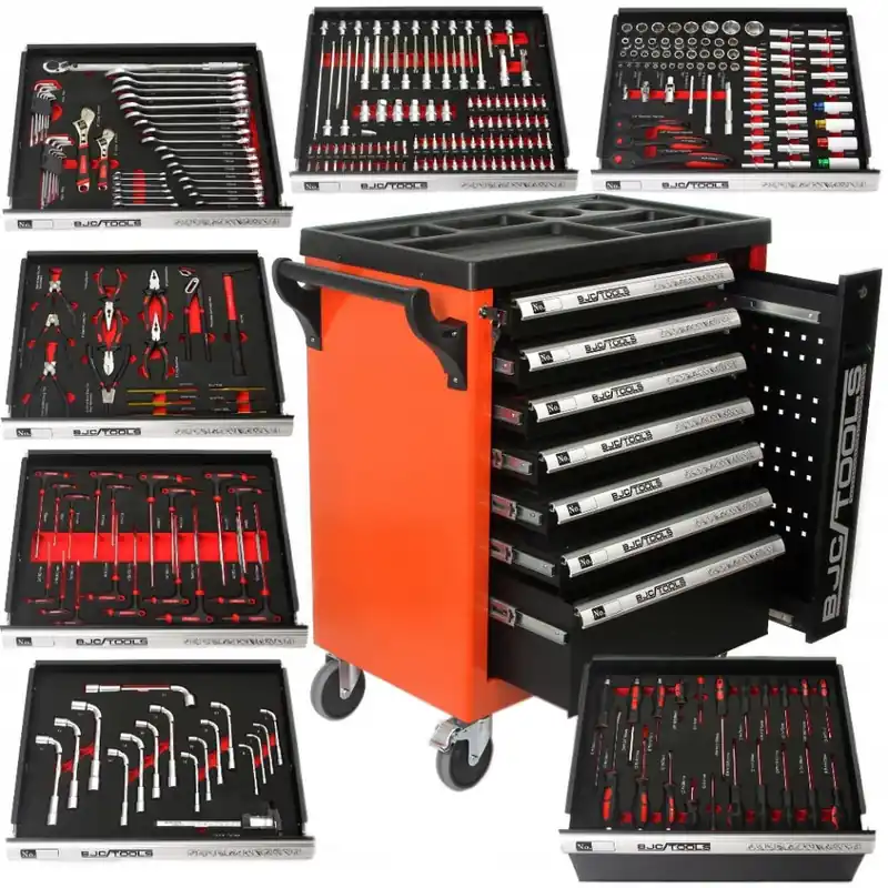 Cărucior de atelier cu scule 298buc - 7 sertare și raft retractabil BJC Chilipir