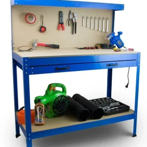 Reducere Banc de lucru metalic pentru atelier, 115x55x140 cm, cu spațiu de depozitare, albastru – HD15823