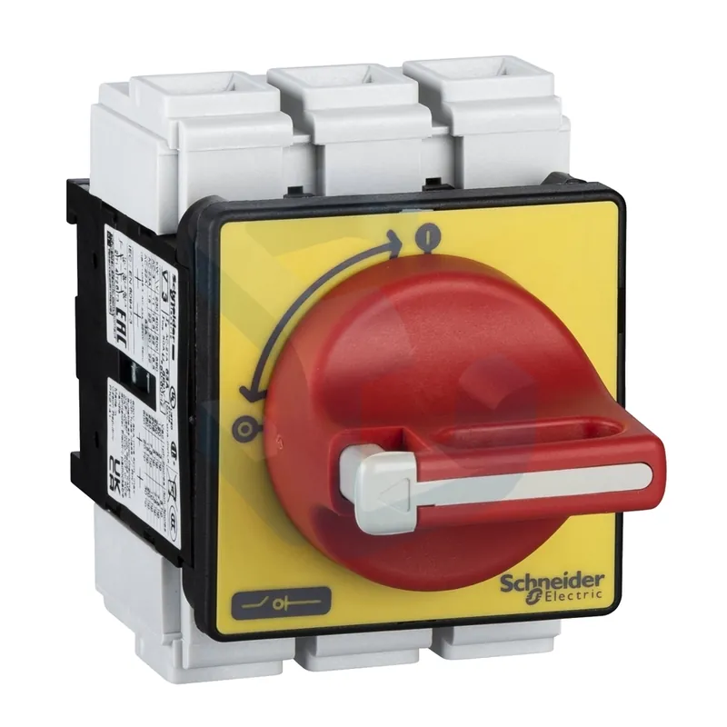 Intrerupator de sarcina trifazat, 63 A, rosu/galben, lacatuibil, montaj pe usa Retur ușor