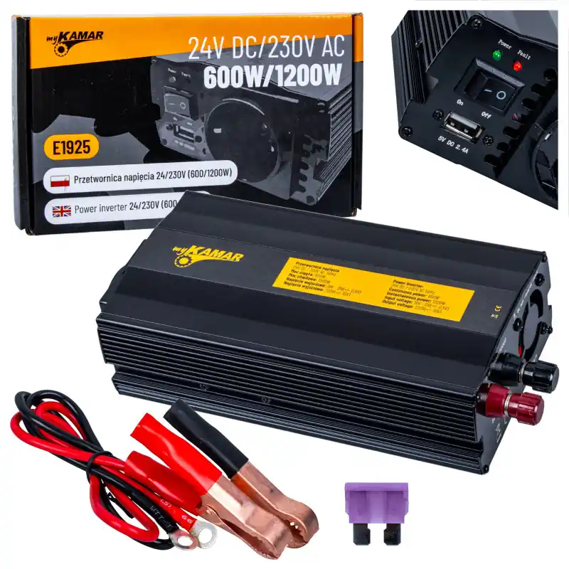 Livrare gratuită Invertor tensiune 24 V → 230 V 600 W 1200 W KAMAR E1925