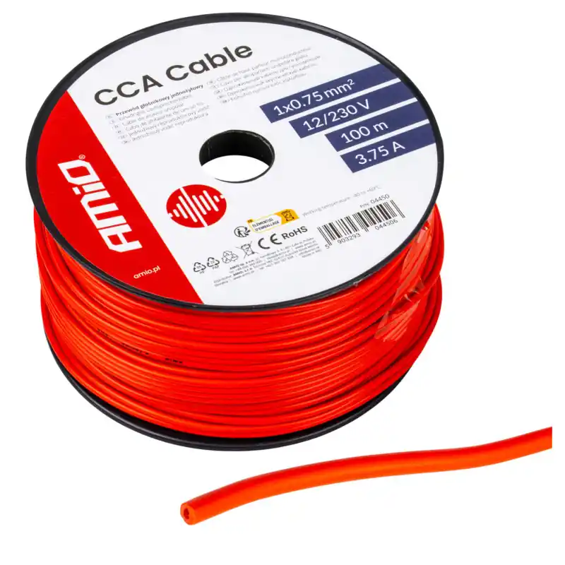 Cablu monofilar CCA roșu 100 m 1x0,75 mm² 3,75 A 12V 230V Premium