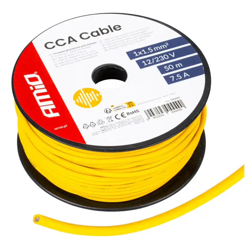 Cablu monofilar 1,5 mm² galben 7,5 A 12V/230V Amio | rolă 50 m Retur ușor