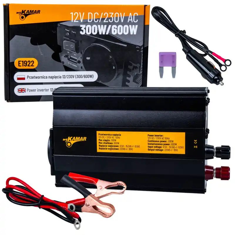 Invertor tensiune 12 V → 230 V 300 W 600 W KAMAR E1922 Noutate