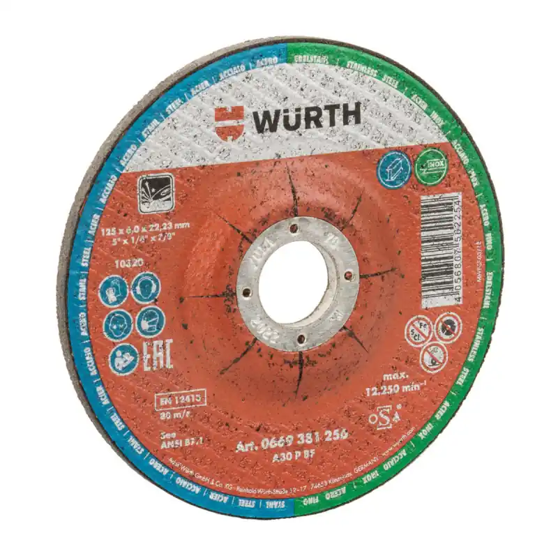 Disc abraziv, oțel inoxidabil, A2, 125 mm, grosime 6 mm, gaură 22,23 mm, Wurth Livrare gratuită