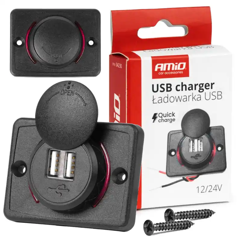 Reducere extra Încărcător auto cu prize USB impermeabil pătrat 2xUSB 12V 24V AMIO