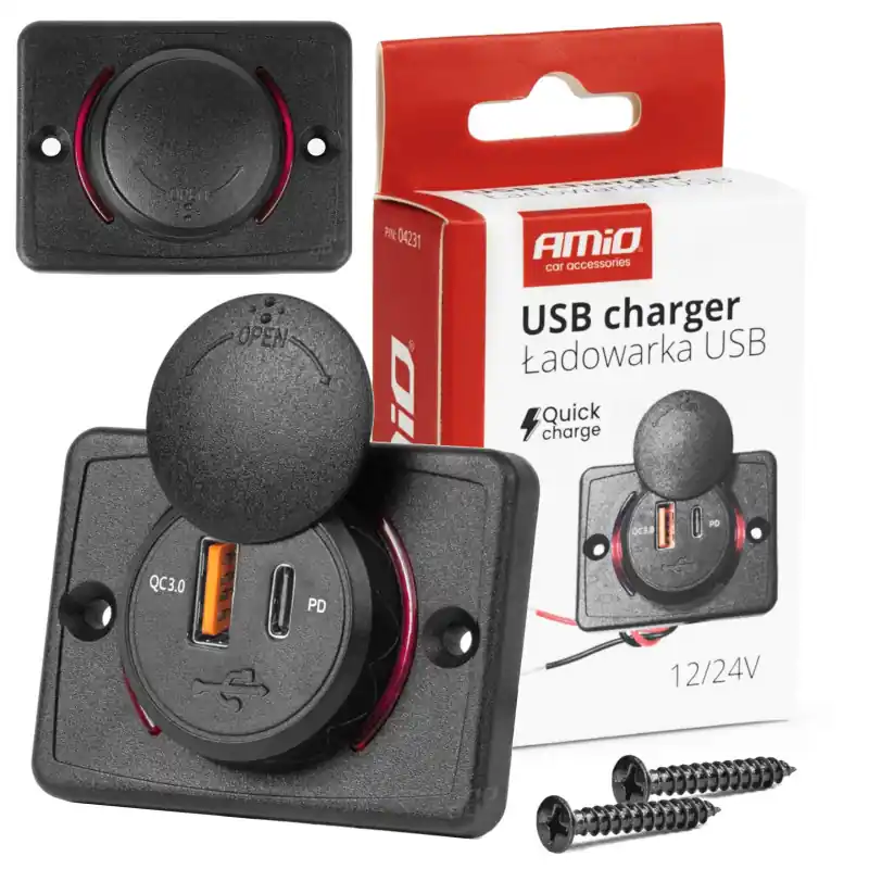 Livrare expres Încărcător USB + USB-C QC3.0 12V 24V impermeabil pătrat Amio